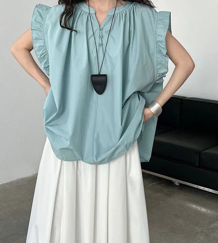 Women Green Purple Ruffles Big Size Elegant Blouse New V-Neck Sleeveless Shirt Fashion Tide Spring Summer 2025 1DJ1563