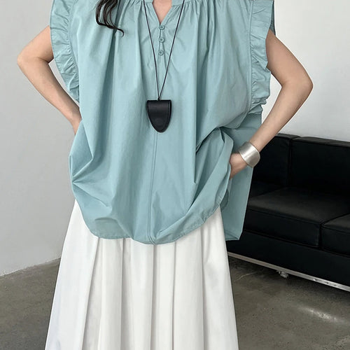 Load image into Gallery viewer, Women Green Purple Ruffles Big Size Elegant Blouse New V-Neck Sleeveless Shirt Fashion Tide Spring Summer 2025 1DJ1563
