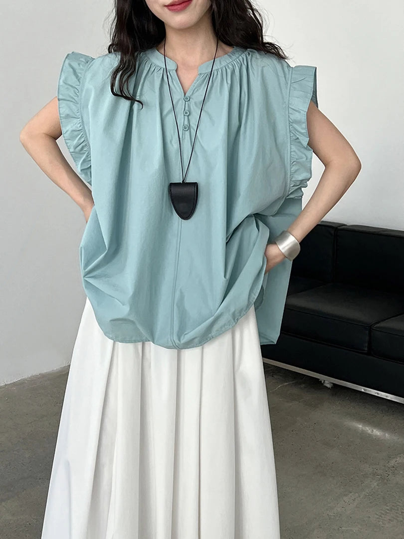 Women Green Purple Ruffles Big Size Elegant Blouse New V-Neck Sleeveless Shirt Fashion Tide Spring Summer 2025 1DJ1563