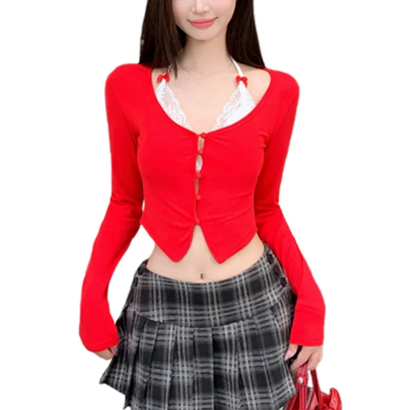 y2k Tops Women Aesthetic Clothes Contrast Color Lace Patchwork Long Sleeve Tshirt with Bow Coquette Clothing Streetwear