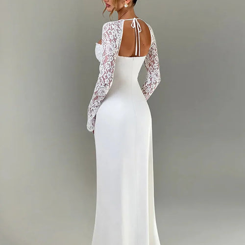 Load image into Gallery viewer, Lace Long Sleeve Sexy Maxi Dress Women Autumn New Square Collar Backless Lace-up High Split Sexy Club Party Long Dress
