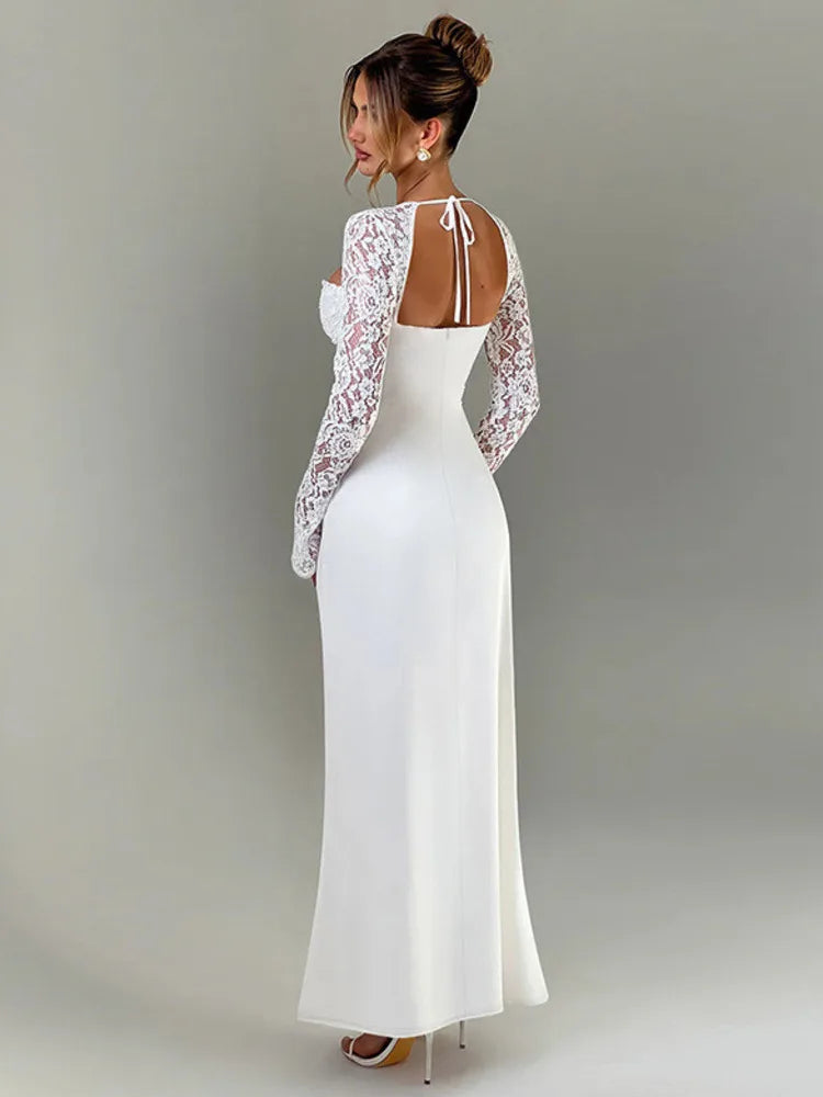 Lace Long Sleeve Sexy Maxi Dress Women Autumn New Square Collar Backless Lace-up High Split Sexy Club Party Long Dress