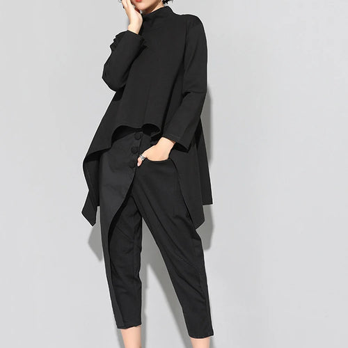 Load image into Gallery viewer, Spring Autumn  High Collar Long Sleeve Black Irregular Hem Loose T-shirt Women Fashion Tide All-match JK397
