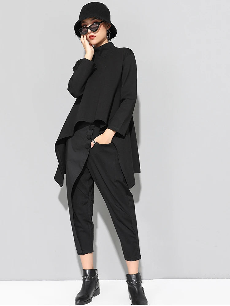 Spring Autumn  High Collar Long Sleeve Black Irregular Hem Loose T-shirt Women Fashion Tide All-match JK397