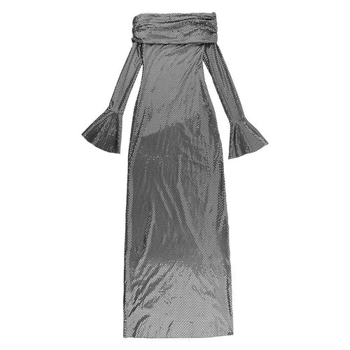 Load image into Gallery viewer, Elegant Strapless Sparkle Maxi Dress For Women Fashion Off-shoulder Backless Long Flare Sleeve Bodycon Club Party Dress
