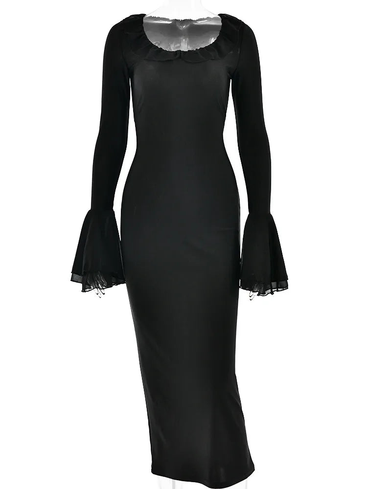 Sexy Round Neck Bodcon Elastic Tight Dress Female Leader Slim Fit Long Sleeve Maxi Vestidos Elegant Party Evening Dress