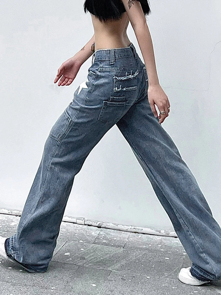 Y2K Streetwear Star Print Low Rise Flared Jeans Female Retro Distressed Burr Denim Trousers Pockets Aesthetic Outfits