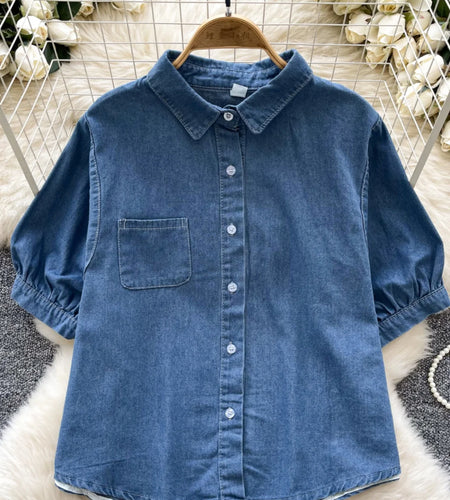 Vintage Women's Summer Blue Elegant Single Breasted Denim Shirts New Short Sleeves Holiday Jean Blouse Trendy Versatile Tops New
