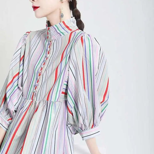 Load image into Gallery viewer, Women Striped Spliced Long Shirt Dress New Stand Collar Three-quarter Sleeve Loose Fit Fashion Spring Autumn 2025 1DE0219
