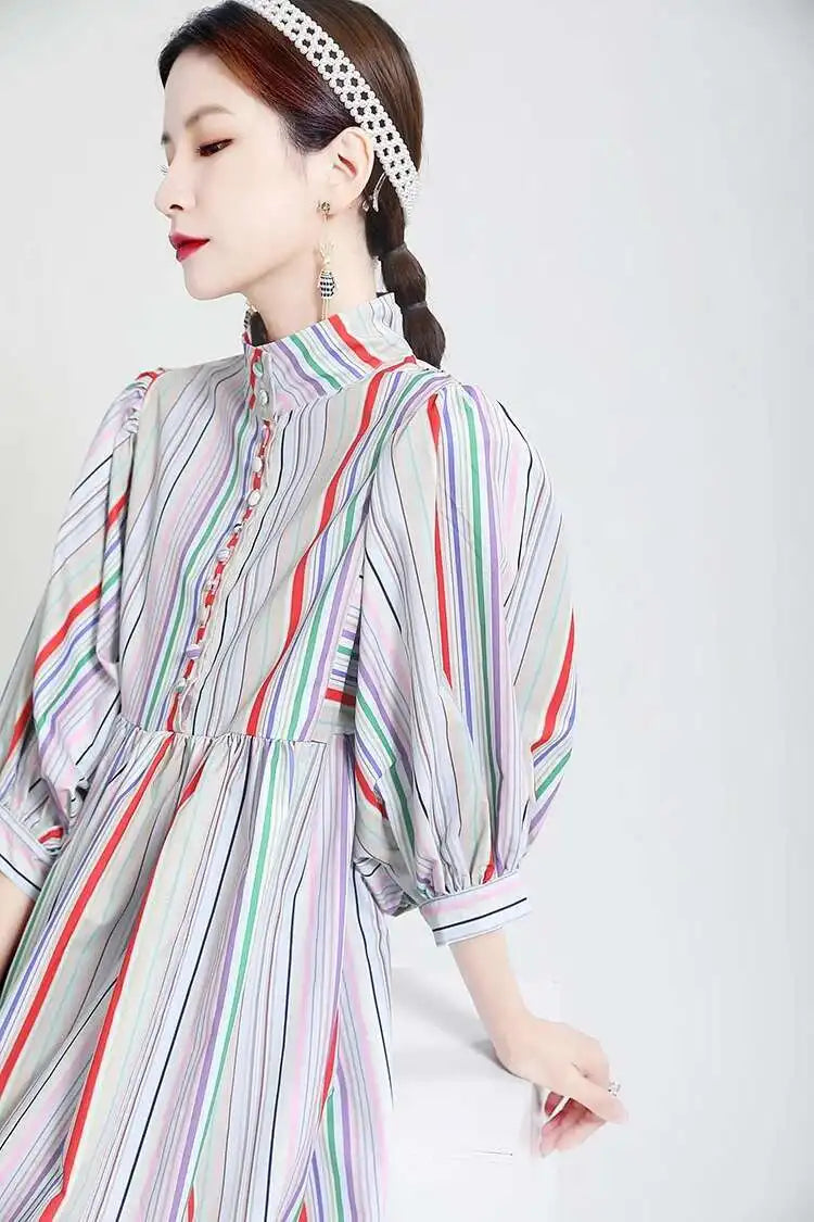 Women Striped Spliced Long Shirt Dress New Stand Collar Three-quarter Sleeve Loose Fit Fashion Spring Autumn 2025 1DE0219