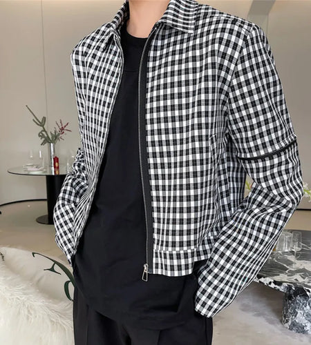Male Plaid Short Jacket Detachable Sleeves Design Turn-down Collar Spring Male Clothing Korean New Fashion Tide 9W1277