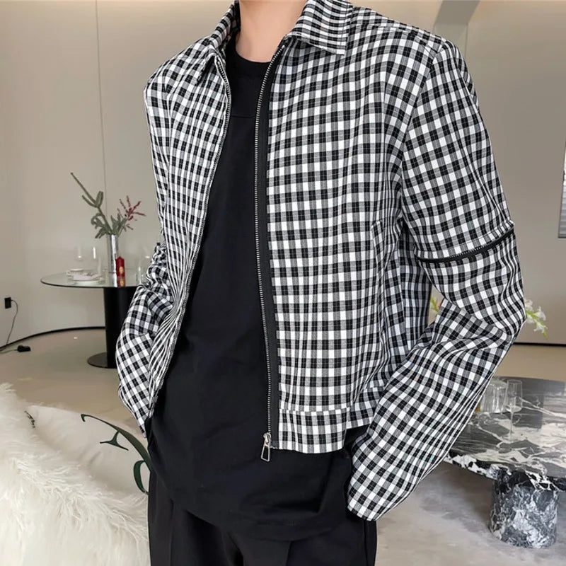 Male Plaid Short Jacket Detachable Sleeves Design Turn-down Collar Spring Male Clothing Korean New Fashion Tide 9W1277