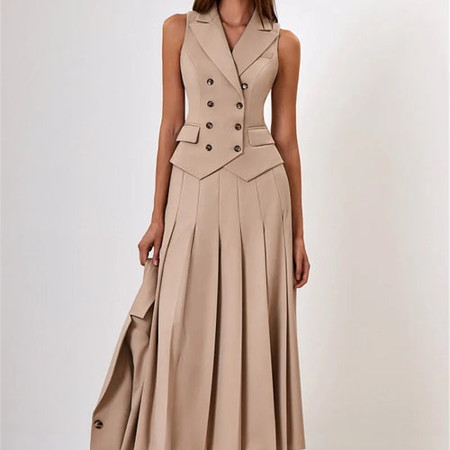Load image into Gallery viewer, Autumn Two Piece Sets Women Double-breasted Vest And Split Skirt Matching Sets Fashion Long Pleated Skirt Two Piece Set
