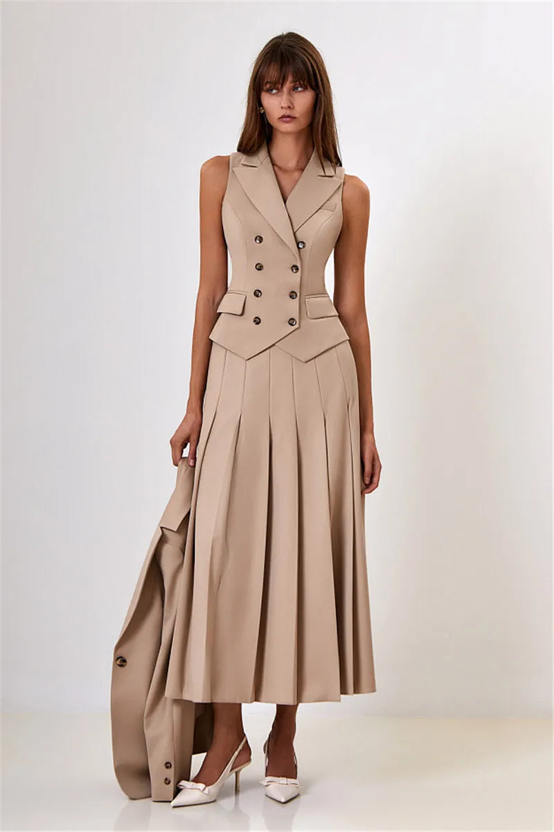 Autumn Two Piece Sets Women Double-breasted Vest And Split Skirt Matching Sets Fashion Long Pleated Skirt Two Piece Set