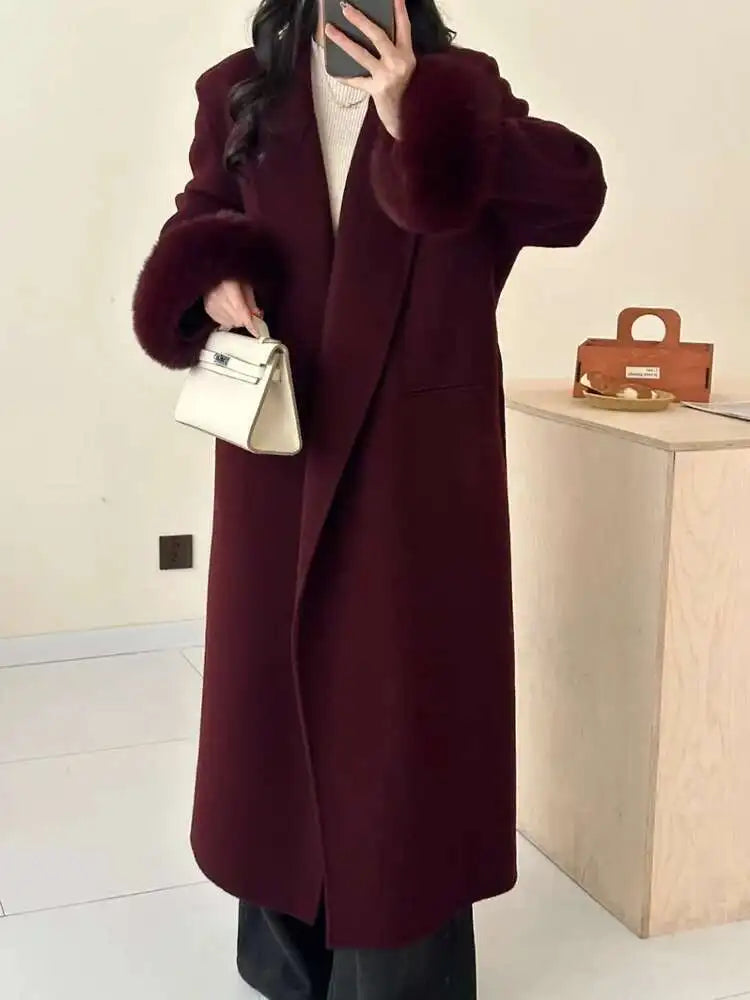 Dark Gray Cuff Fur Big Size Long Woolen Coat New Lapel Long Sleeve Women Jacket Fashion Tide Autumn Winter 2025 CPG2464