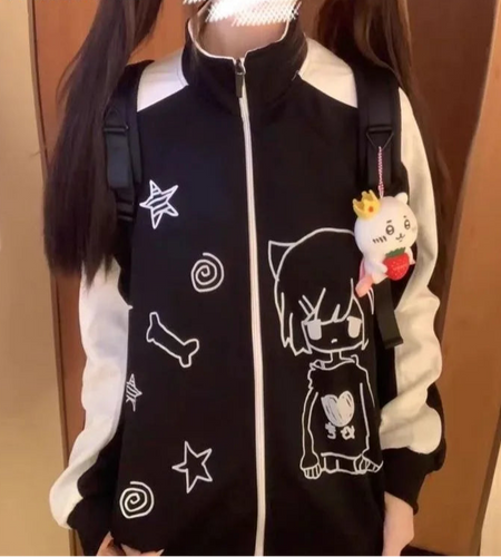 Women Clothing Japanese Cute Jackets Stand Neck Zipper Outwear Y2k Tops Casual Fashion Anime Print Oversized Coats 49B532