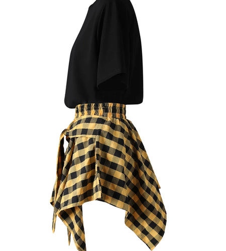 Black T-shirt Plaid Bandage Skirt Two Pieces Suit New Round Neck Short Sleeve Women Fashion Spring Summer 2025 CPG3159