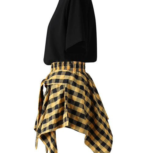 Load image into Gallery viewer, Black T-shirt Plaid Bandage Skirt Two Pieces Suit New Round Neck Short Sleeve Women Fashion Spring Summer 2025 CPG3159
