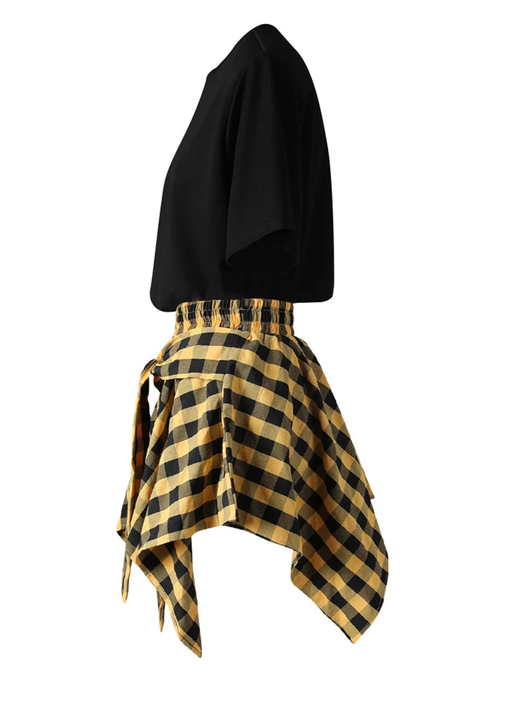 Black T-shirt Plaid Bandage Skirt Two Pieces Suit New Round Neck Short Sleeve Women Fashion Spring Summer 2025 CPG3159