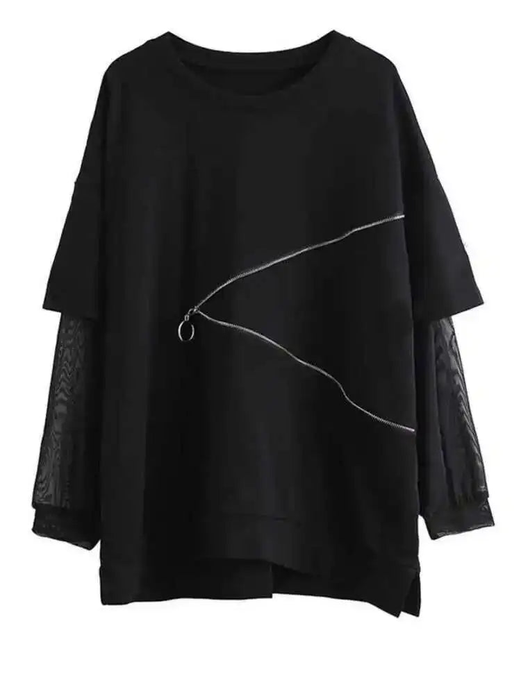 Women Black Zippper Mesh Spliced Big Size T-shirt New Round Neck Long Sleeve  Fashion Tide  Spring Autumn 2025 1DD5774
