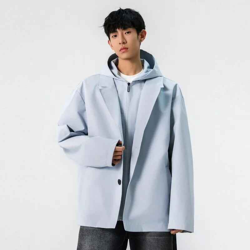 Men's Hooded Suit Jacket New Korean Lapel Fake Two-piece Design Single Breasted Solid Color Spring New Male Blazers 9W1242