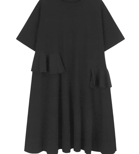 Women Khaki Ruffles Spliced Big Size Midi Dress New Round Neck Short Sleeve Fashion Tide Spring Summer 2025 1DJ1197