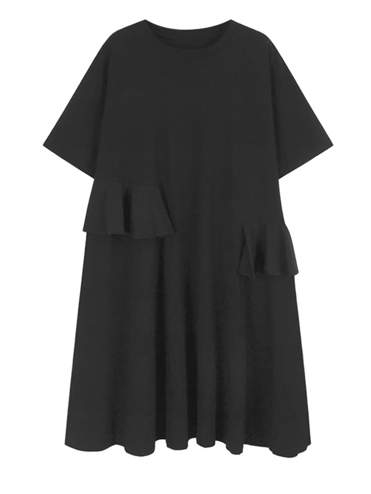 Women Khaki Ruffles Spliced Big Size Midi Dress New Round Neck Short Sleeve Fashion Tide Spring Summer 2025 1DJ1197