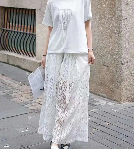 Women White Pleated Spliced Big Size Casual T-shirt New Round Neck Short Sleeve Fashion Tide Spring Summer 2025 1DJ0615