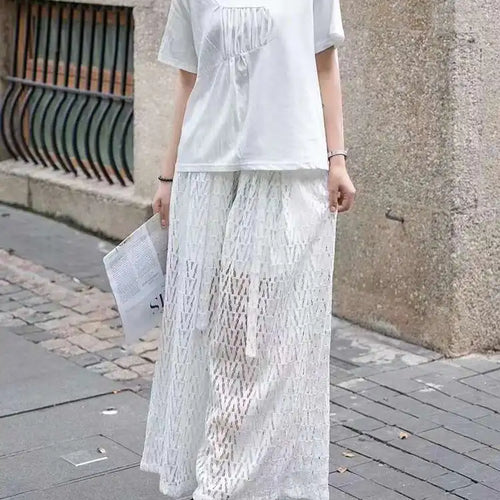 Load image into Gallery viewer, Women White Pleated Spliced Big Size Casual T-shirt New Round Neck Short Sleeve Fashion Tide Spring Summer 2025 1DJ0615
