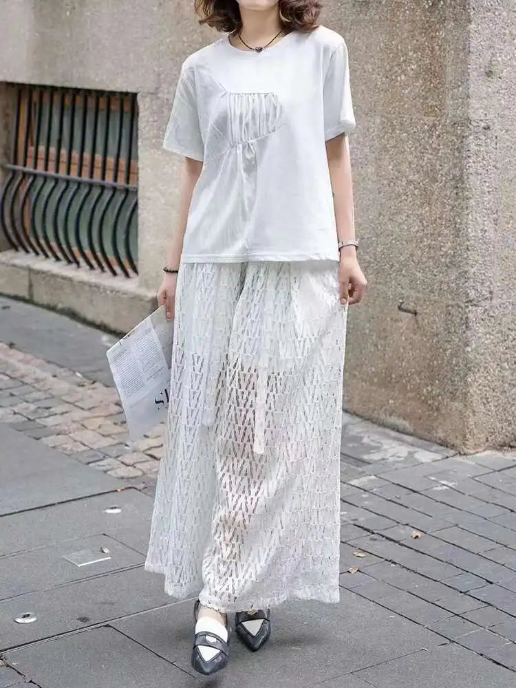 Women White Pleated Spliced Big Size Casual T-shirt New Round Neck Short Sleeve Fashion Tide Spring Summer 2025 1DJ0615
