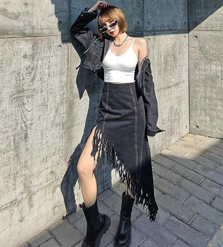 Patchwork Asymmetrical Tassel Skirt For Women High Waist Irregular Hem Black Skirts Female Fashion Clothes