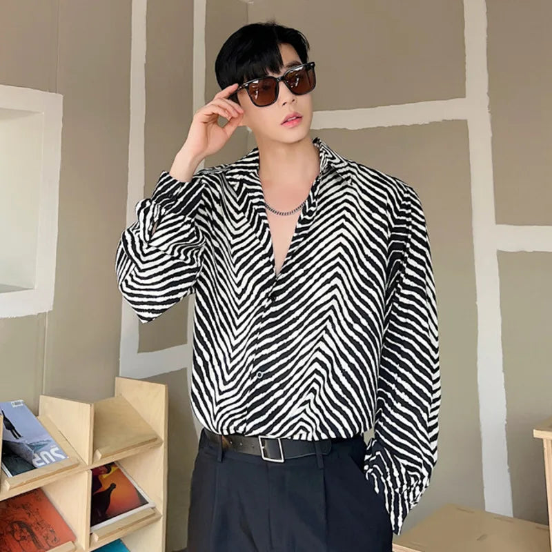 Men's Stripe Shirts New Summer Personalized Trendy Lapel Print Style Korean Male Long Sleeve Casual Shirt Tide 9A7867