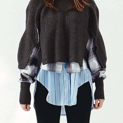 Load image into Gallery viewer, Hit Color Patchwork Sweater For Women Round Neck Long Sleeve Plaid Casual Loose Sweater Female Fashion Clothes
