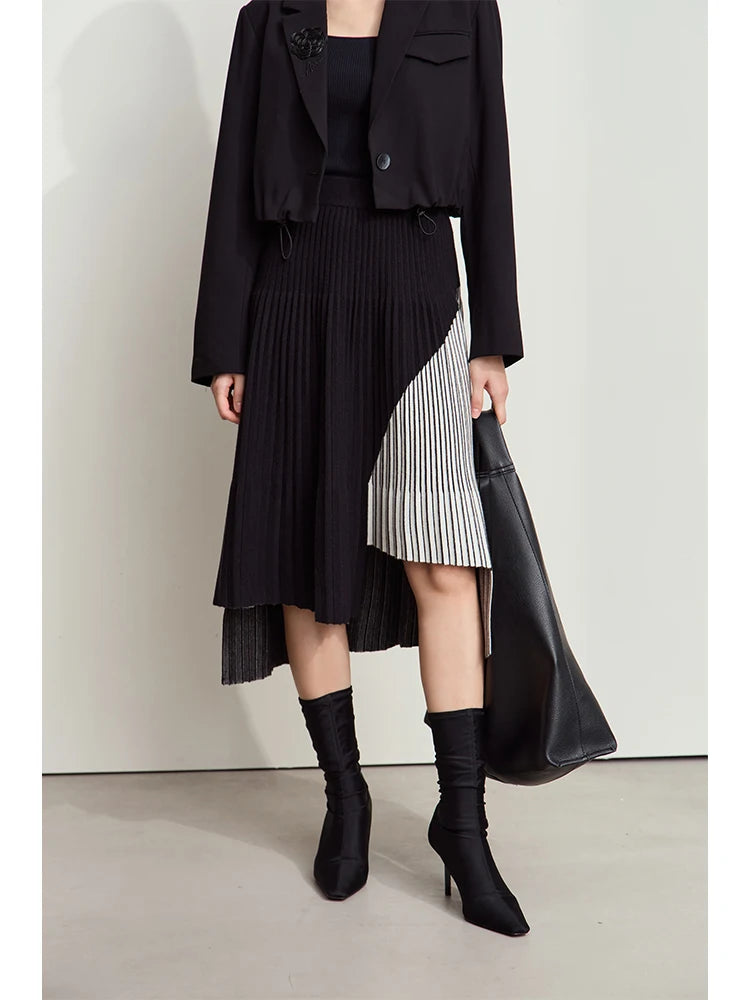 Women's Minimalise Patchwork Skirts 2024 Winter Versatile A Line Pleated Irregular Female Commuter Knitted Skirt 12424047
