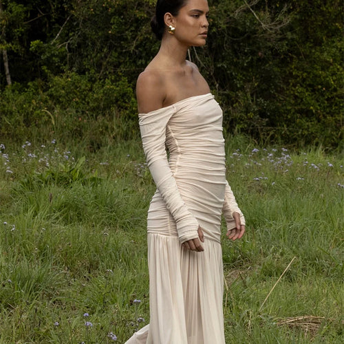 Load image into Gallery viewer, Off-shoulder Strapless Sexy Maxi Dress Women Summer New Patchwork Backless Long Sleeve Pleated Long Dress Elegant
