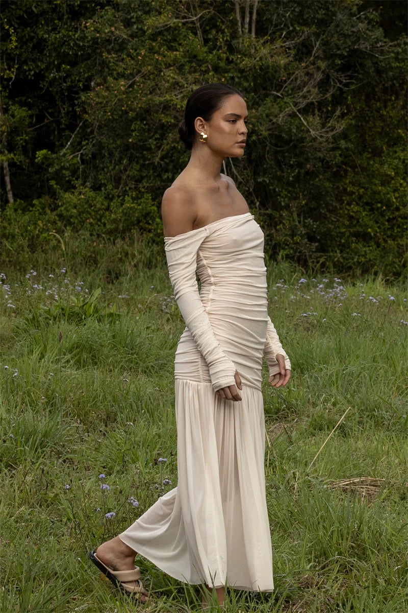 Off-shoulder Strapless Sexy Maxi Dress Women Summer New Patchwork Backless Long Sleeve Pleated Long Dress Elegant