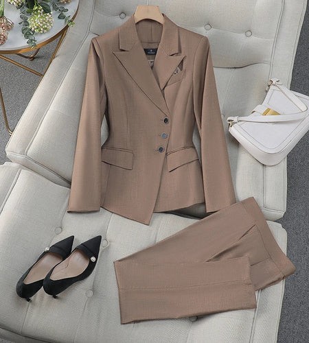 Trend 2024 Spring Autumn New Solid Elegant Irregular Blazer Coat And High Waist Wide Leg Pant Two Piece Set Women Office Outfits