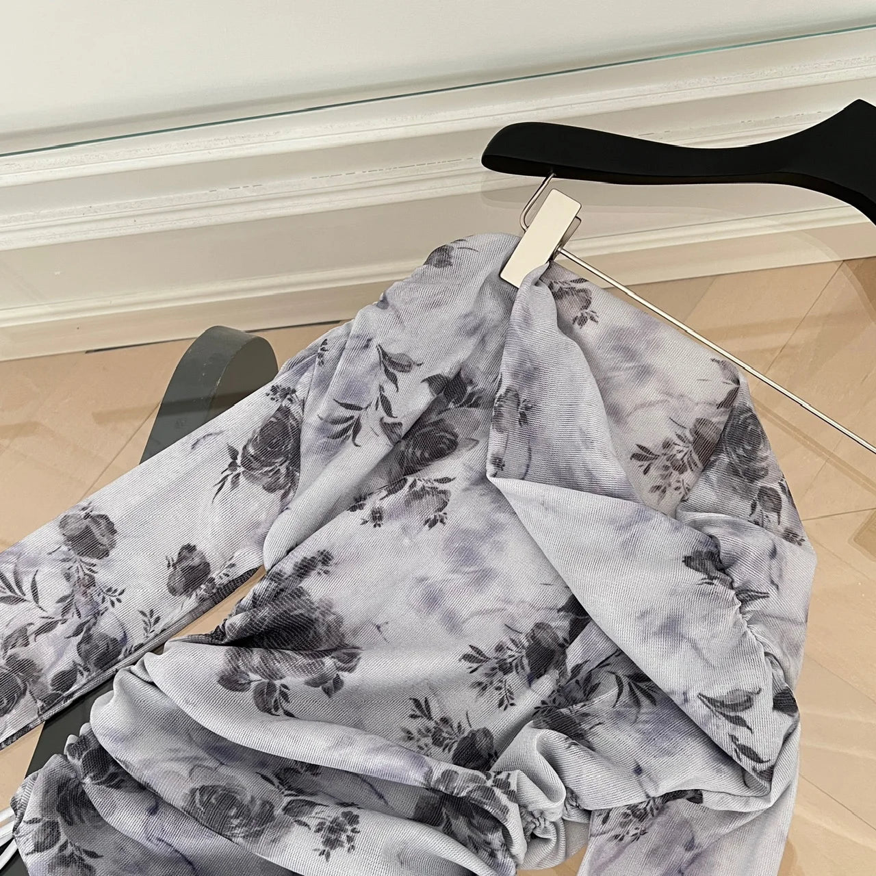 Spring Women Blue Grey Print Elegant Long Sleeve T Shirt French Fashion Ladies Off Shoulder Slim Tops Casual Clothes Trendy Chic