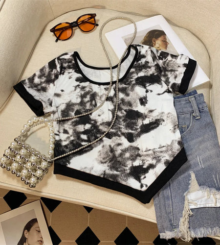 Summer Retro Women Patchwork Round-neck Short-sleeve Ink Painting T-shirt Bohemian Holiday Irregular Slim Short Tops Y2k Fashion