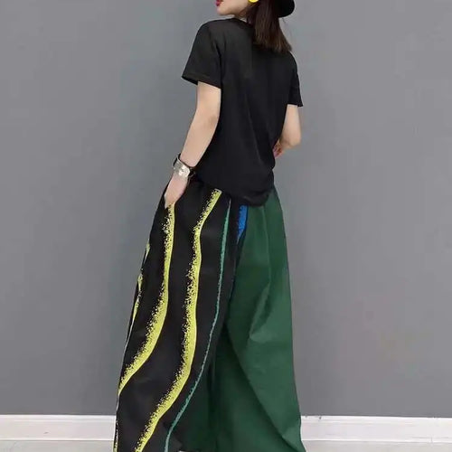 Load image into Gallery viewer, Women Green Striped Color-block Wide Leg Pants High Elastic Waist New Loose Trousers Fashion Spring Autumn 2025 1DF9205
