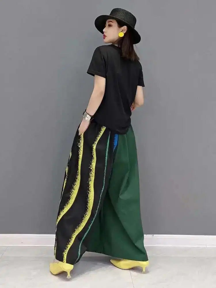 Women Green Striped Color-block Wide Leg Pants High Elastic Waist New Loose Trousers Fashion Spring Autumn 2025 1DF9205