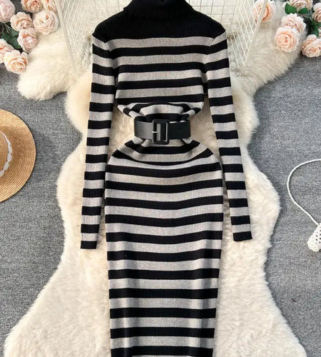 Autumn Winter Patchwork Stripe Knit Long Dress Female Fashion Medium Length High Neck Warm Loose Slim Sweater Dress Women French