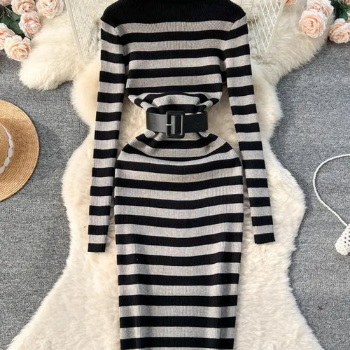 Load image into Gallery viewer, Autumn Winter Patchwork Stripe Knit Long Dress Female Fashion Medium Length High Neck Warm Loose Slim Sweater Dress Women French
