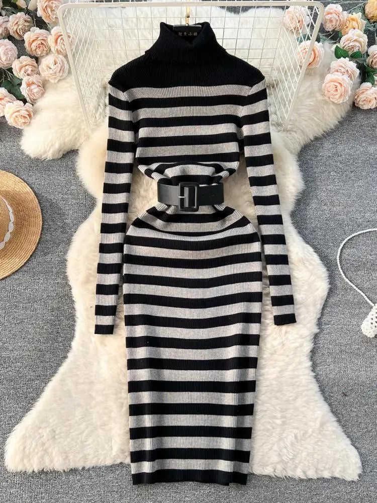 Autumn Winter Patchwork Stripe Knit Long Dress Female Fashion Medium Length High Neck Warm Loose Slim Sweater Dress Women French