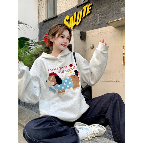Load image into Gallery viewer, Autumn Winter New Grey Letter Puppy Embroidery Velvet Sweatshirt Thick Korean Women Loose Long Sleeved Vacation Hoodie Tops Chic
