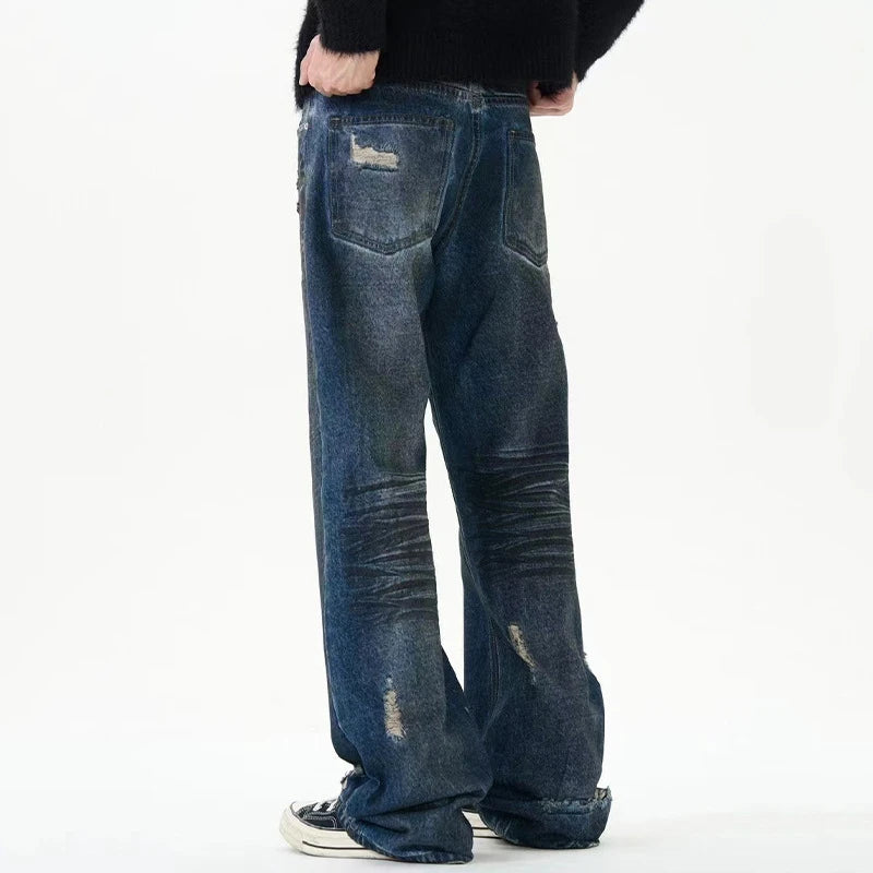 American Style Men's Denim Pants Worn-out Splotch Hole Design Straight Jeans Wide Leg Loose Male Bottom New Autumn 9C8817