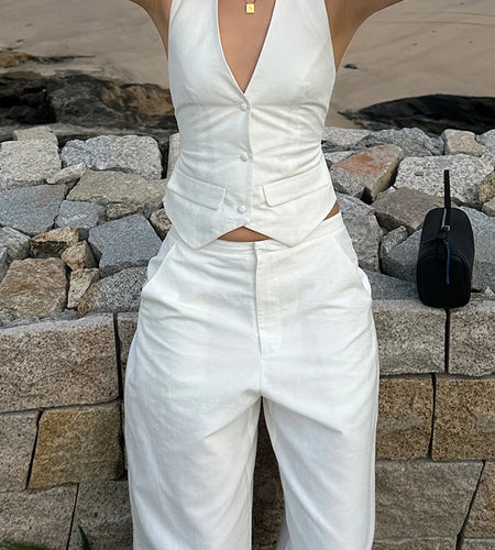 White Fashion Two Piece Sets for Women Halter Sleeveless Backless Spliced Button Sexy Vest Wide Leg Pant Set Female
