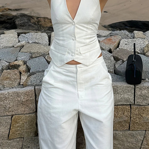 Load image into Gallery viewer, White Fashion Two Piece Sets for Women Halter Sleeveless Backless Spliced Button Sexy Vest Wide Leg Pant Set Female
