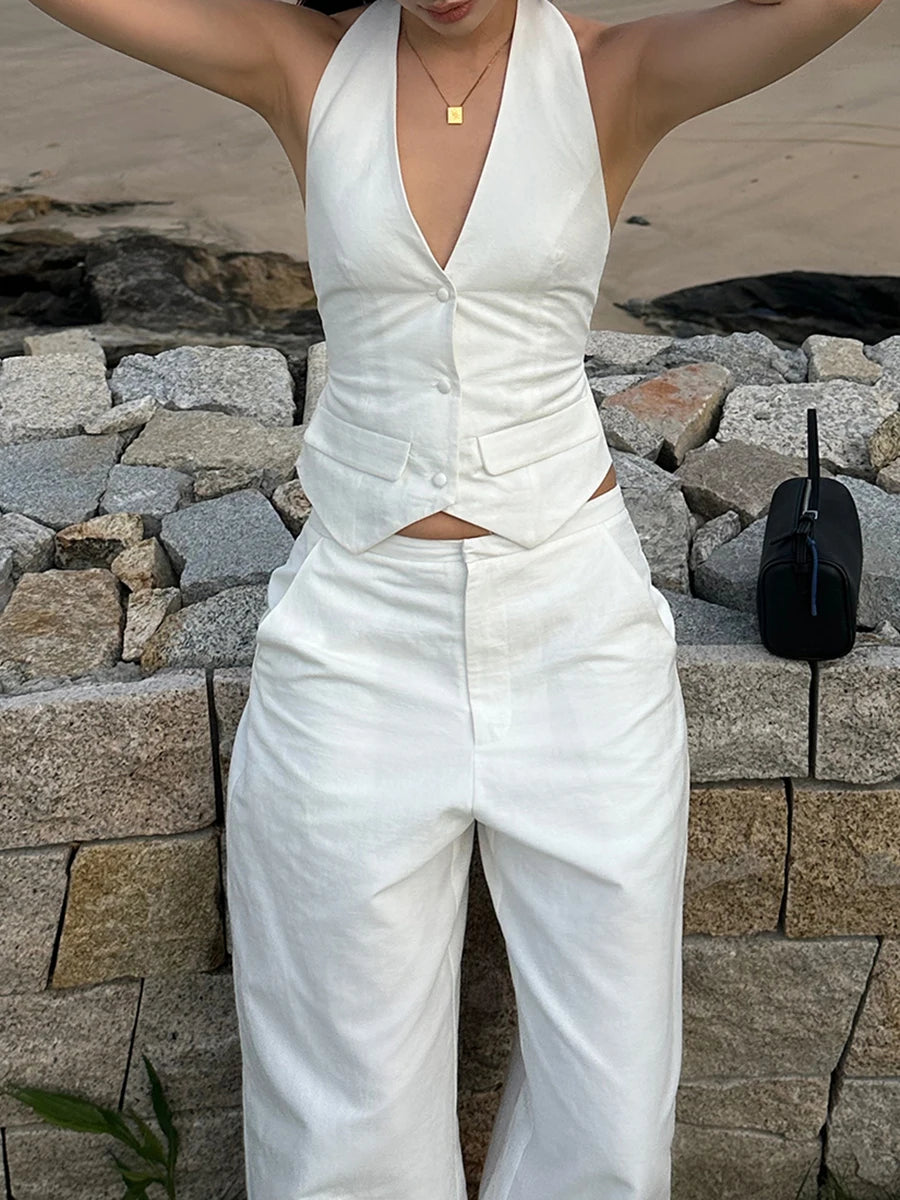 White Fashion Two Piece Sets for Women Halter Sleeveless Backless Spliced Button Sexy Vest Wide Leg Pant Set Female