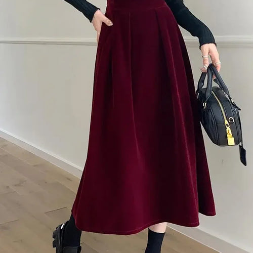 Load image into Gallery viewer, Autumn Winter Warm Vintage Red Elegant Velvet A-line Skirt For Women 2024 High Waist Casual Black Party Pleated Big Swing Skirts
